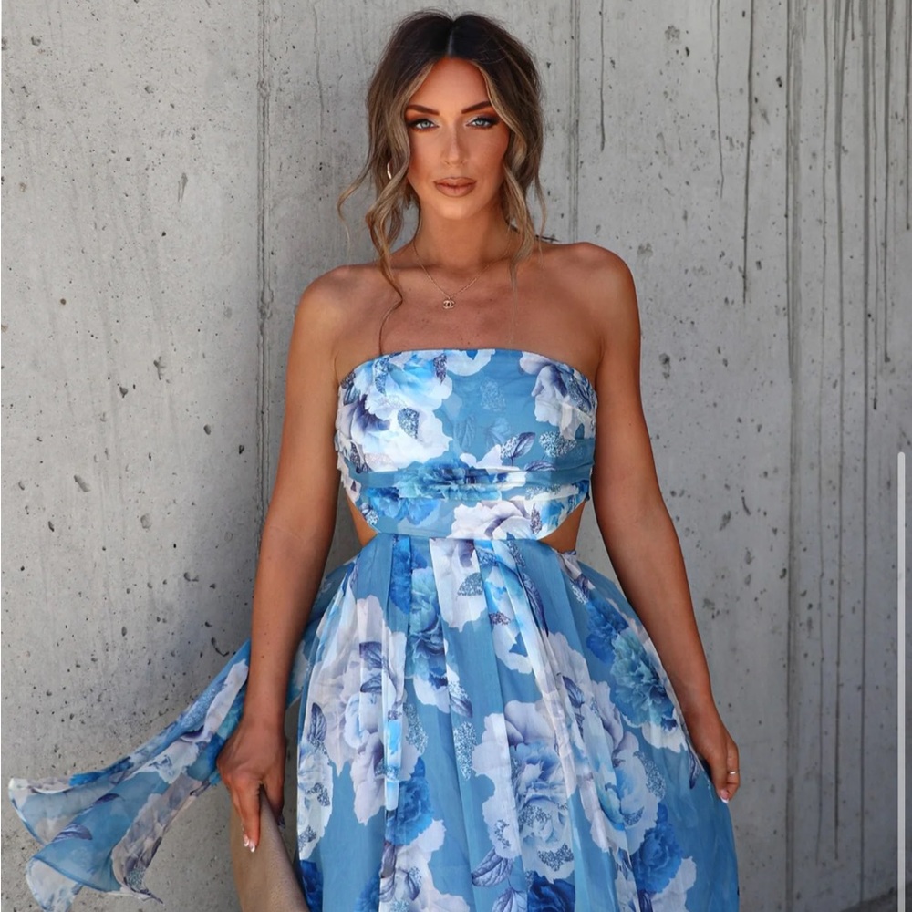 Vici Salvina Blue Strapless Floral Maxi Cut out Dress